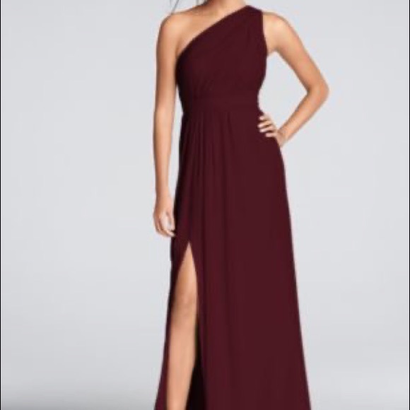 David’s Bridal Long One-Shoulder chiffon dress in color wine. - Picture 2 of 2